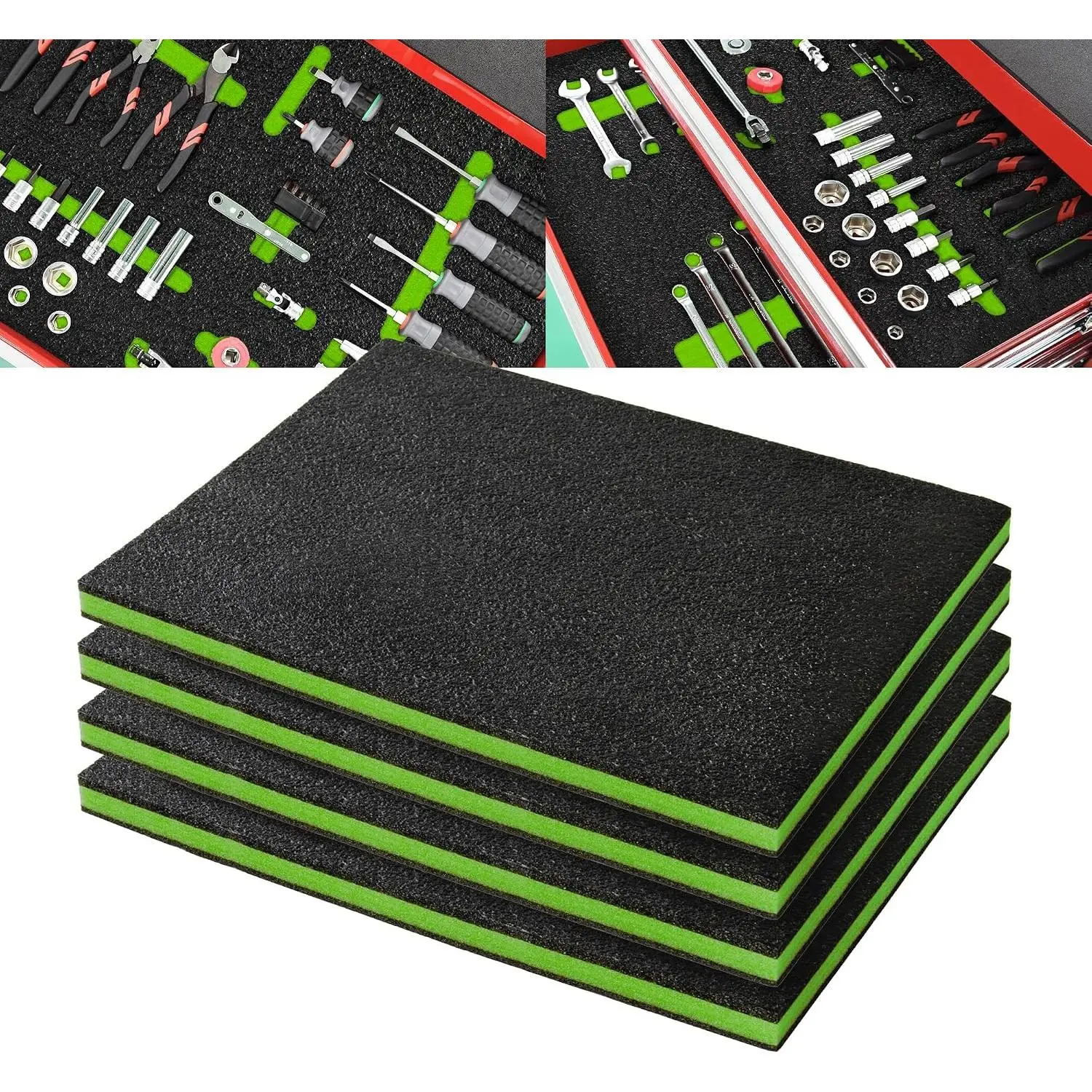Precision Defined Tool Box Foam - Protective Inserts for Cases, Polyethylene Tool Foam for Cases, Cushion Insert for Toolboxes - 16" Black/Green (4 pack)