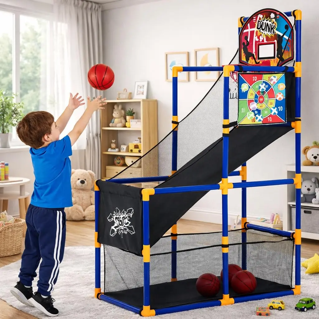 2-in-1 Adjustable Kids Basketball Arcade Set – Indoor/Outdoor Toy with Basketball Hoop, Ball Return Ramp, 4 Mini Basketballs, 6 Sticky Toss Balls, Dart Board – Fun Gift for Boys & Girls Ages 3-10