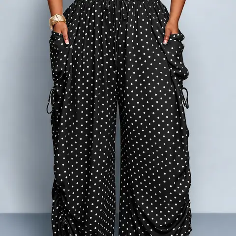 Plus Size Women's Base Polka Dot Baggy Wide Leg Pants Elastic Waist Drawstring Large Pockets, Lazy Style Casual Pants