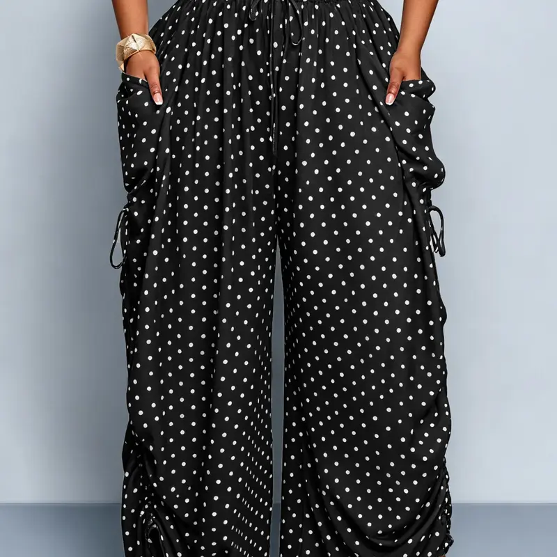 Plus Size Women's Base Polka Dot Baggy Wide Leg Pants Elastic Waist Drawstring Large Pockets, Lazy Style Casual Pants