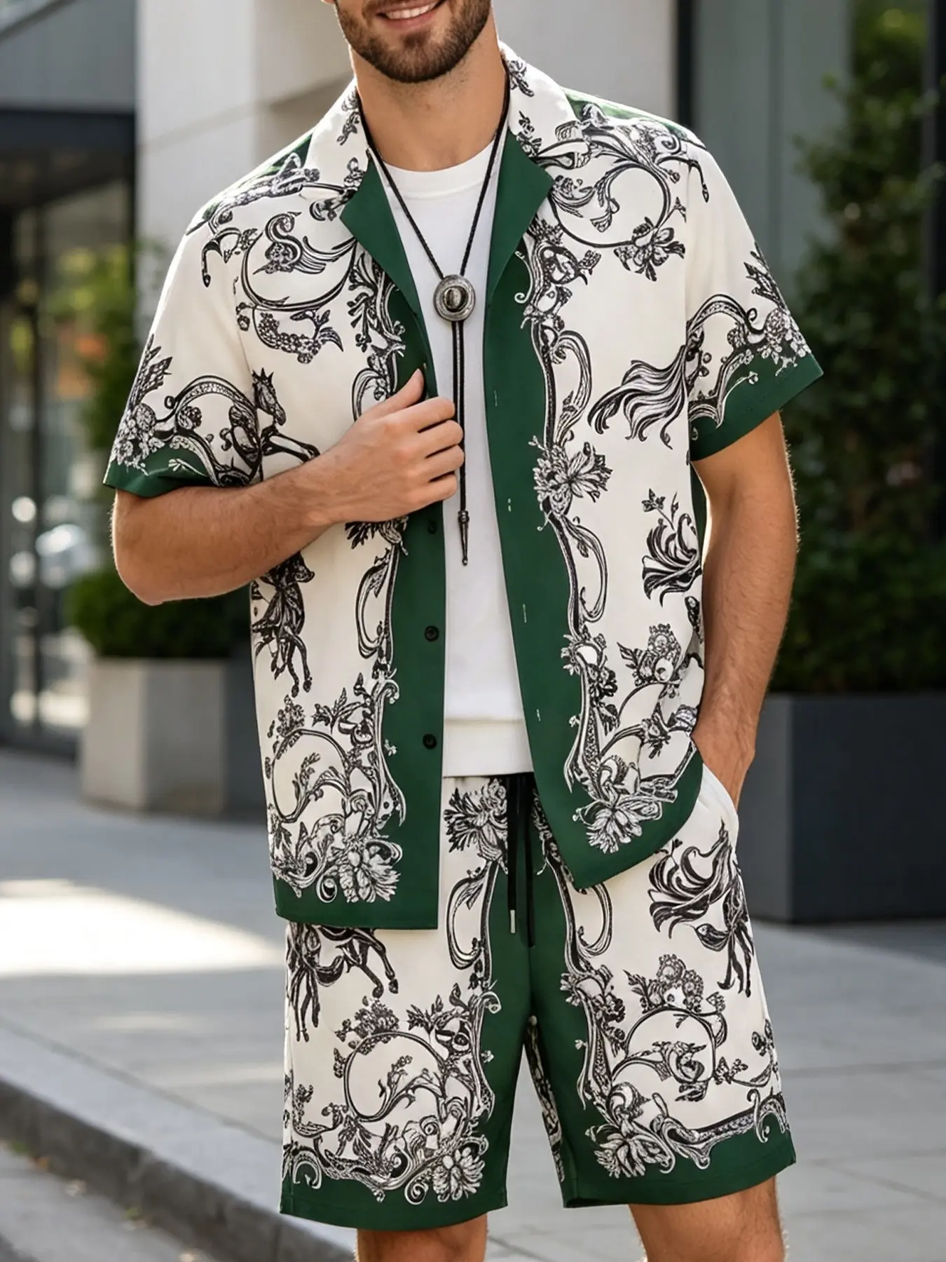 Men's Green & White Equestrian Print 2-Piece Casual Loungewear Set - Camp Collar Shirt & Drawstring Shorts, Ultra-Soft Breathable Fabric, Relaxed Fit for At-Home Lounging, Working From Home & Lazy Weekends
