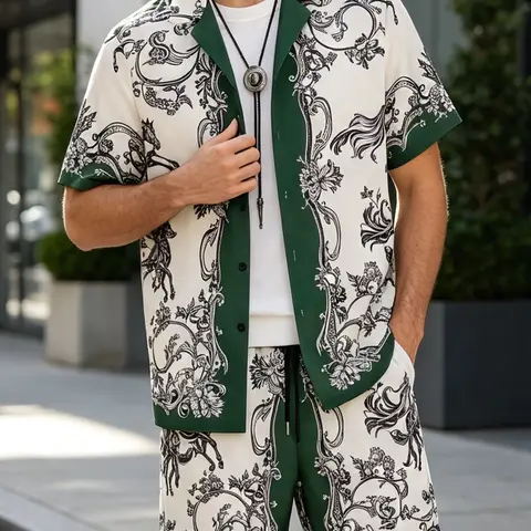 Men's Green & White Equestrian Print 2-Piece Casual Loungewear Set - Camp Collar Shirt & Drawstring Shorts, Ultra-Soft Breathable Fabric, Relaxed Fit for At-Home Lounging, Working From Home & Lazy Weekends