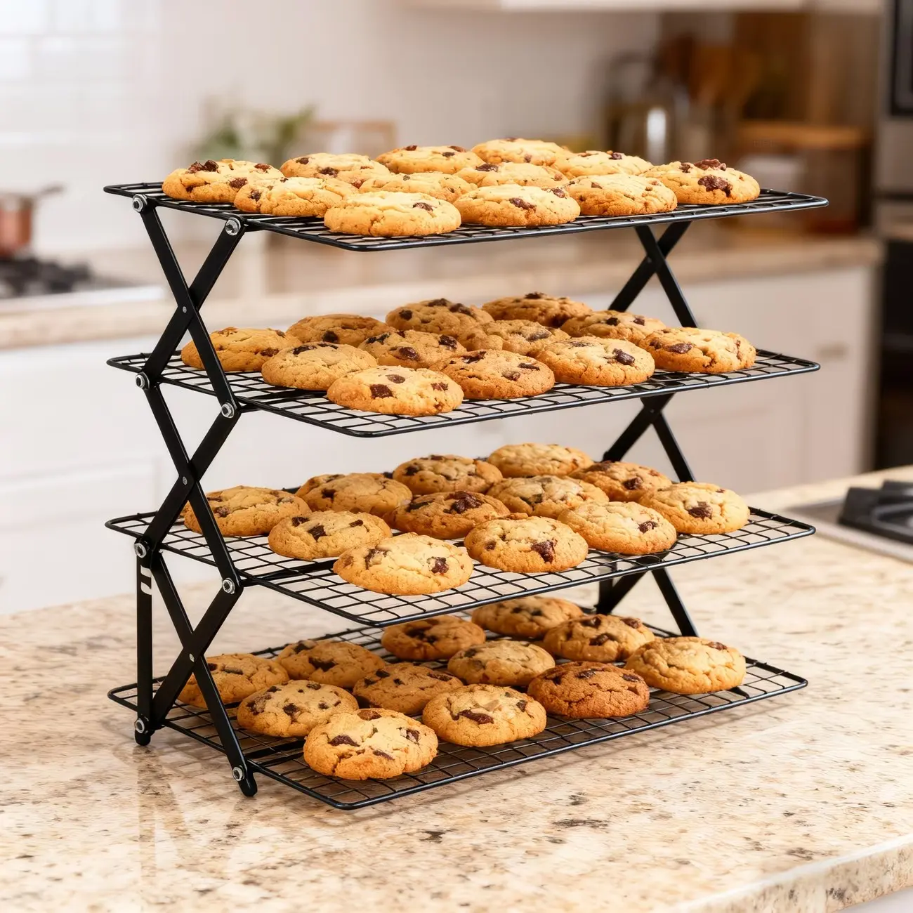 Foldable Cooling Rack, Adjustable Metal Wire Baking Tray Stand, Stackable Design, 4 Settings, Camping Grill, Bake Cookies Cakes
