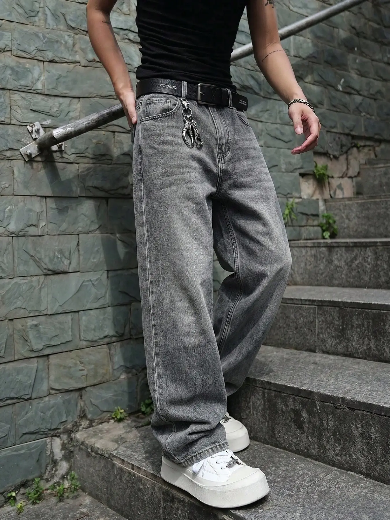 Straight Leg Versatile Pocket Jeans, Fashion Trendy Streetwear Oversized Wide Leg Jeans for Men, Loose Fit Casual Long Pants, All Seasons Wear
