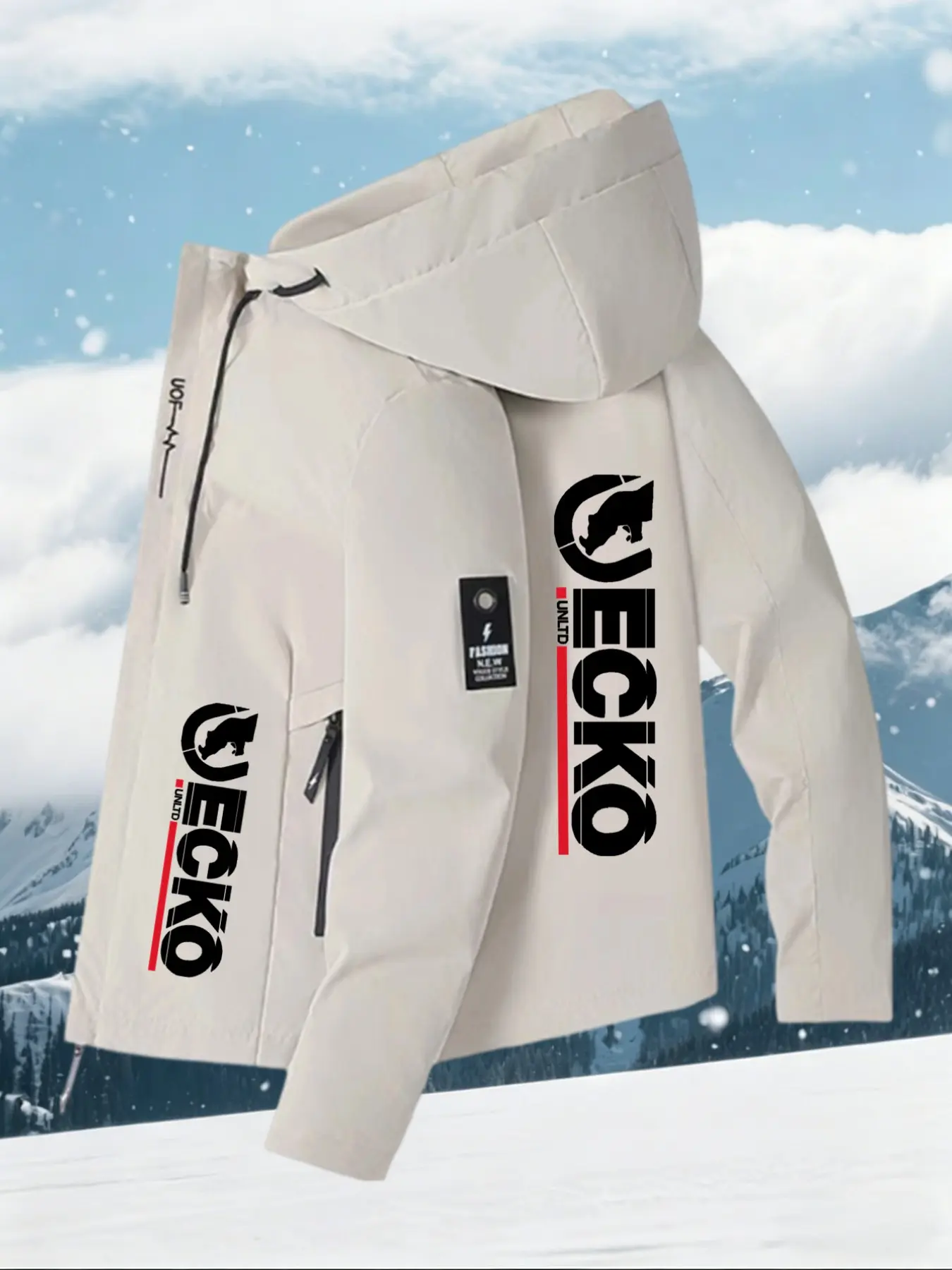 Ecko Men's Hooded Jacket, Casual Slim-Fit Flying Jacket, Random Print, All Seasons, Windproof, Trendy Youth Fashion, Plain Surface