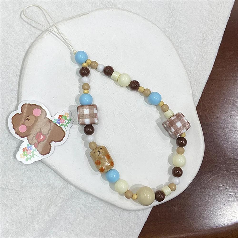 Y2K Handmade Vintage Cell Phone Lanyard Cute Phone Charm Wrist Strap Keychain Brown Bear Bead Pendant For Girl Decor Rope Gift
