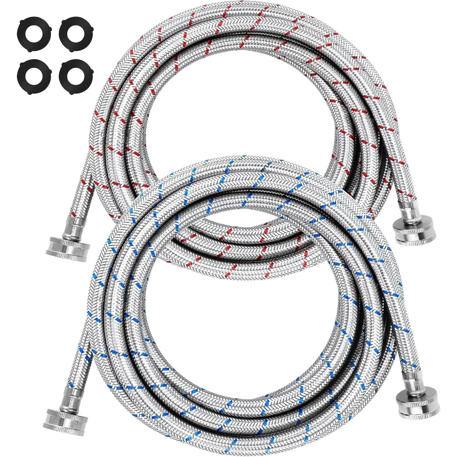 15ft Long Washing Machine Hoses (2 Pack) by  - Stainless Steel Hot and Cold Striped Water  Lines -  Fit to  Wash Machines - Burst Proof Leak Free Hose - 10  WARRANTY