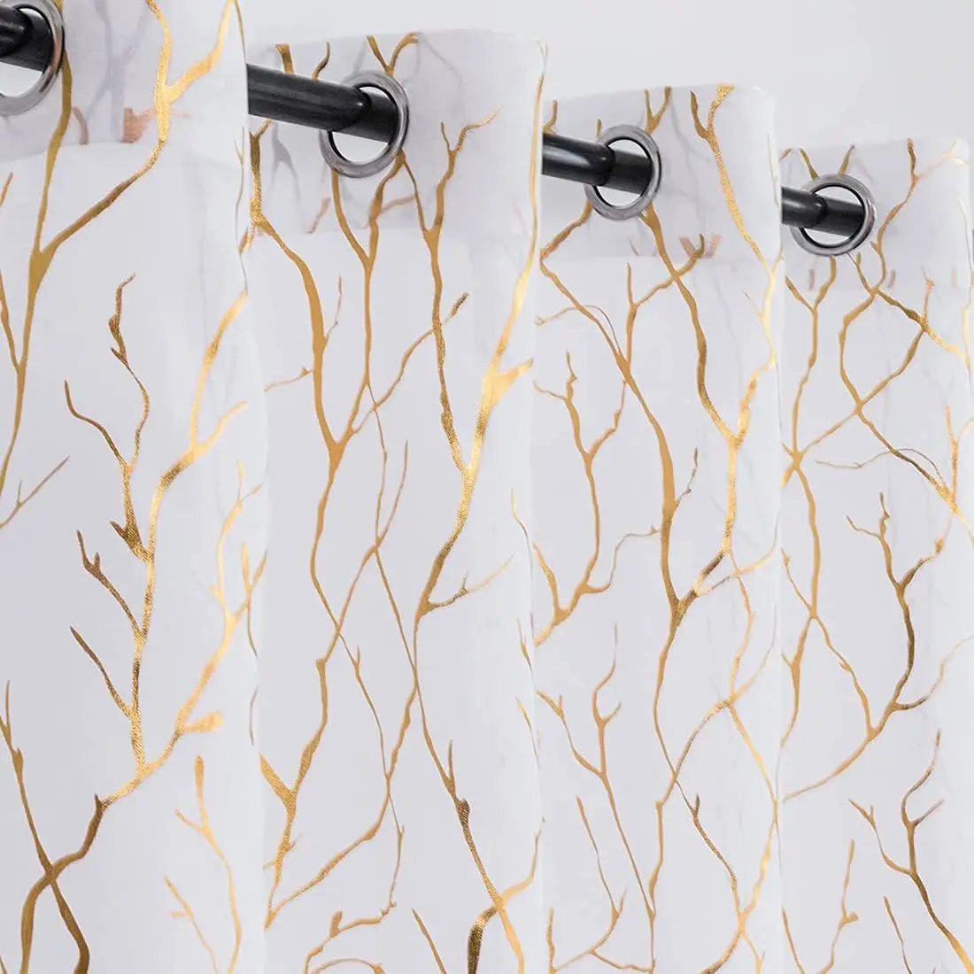 White Sheer Curtains - Metallic  Foil Printed Tree Branch Curtains Grommet Top Window Light Filter Curtains 84 Inch Length, 52 x 84 Inches, 2 Panels, White