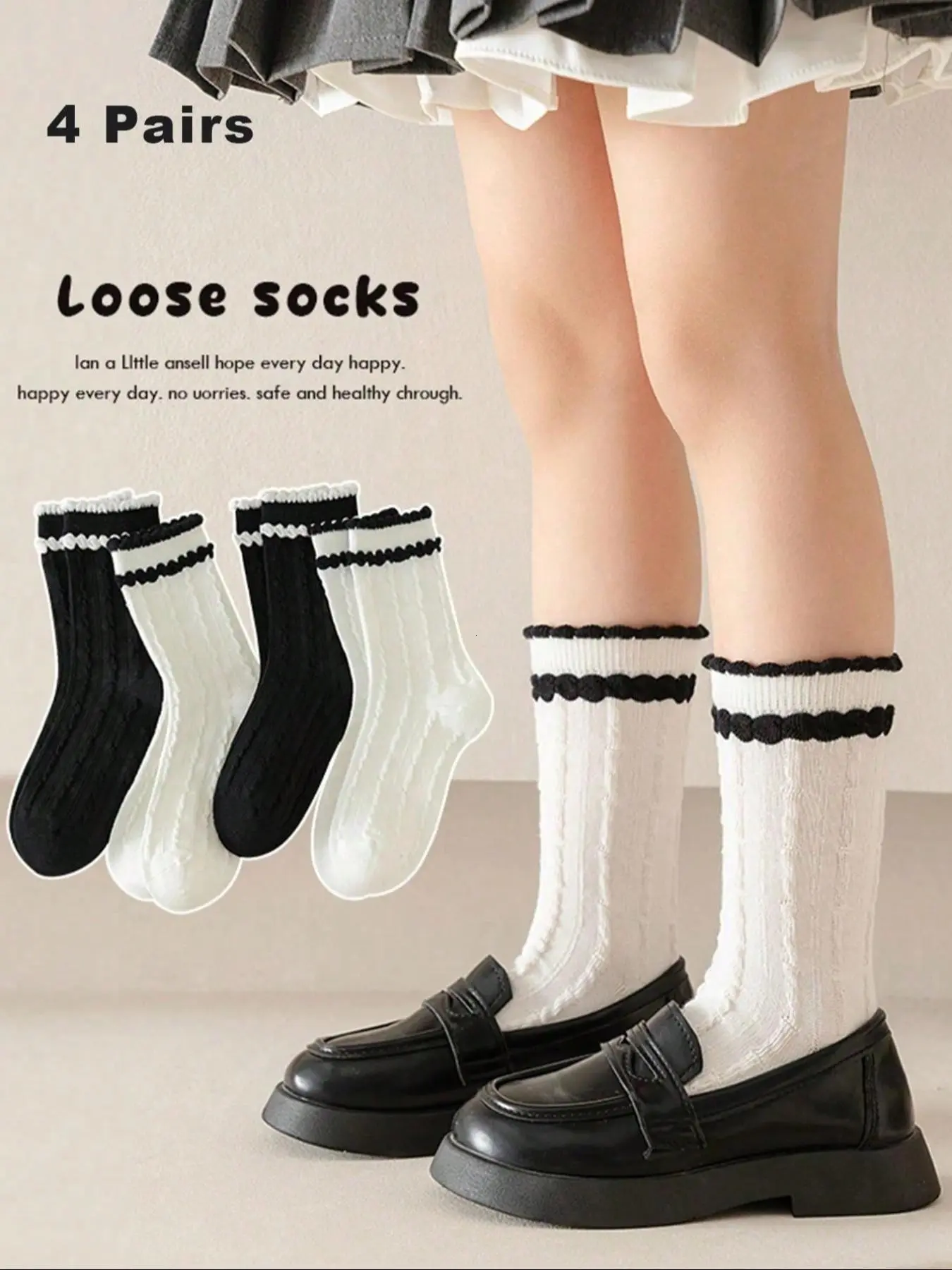 4 Pairs Kids Double Layer Lace Ankle Socks, Knitted Socks, Fashionable All-Season Wear, Lora Style Bow Socks, School Uniform Socks for Girls 3-12 Years, Casual Stylish Socks