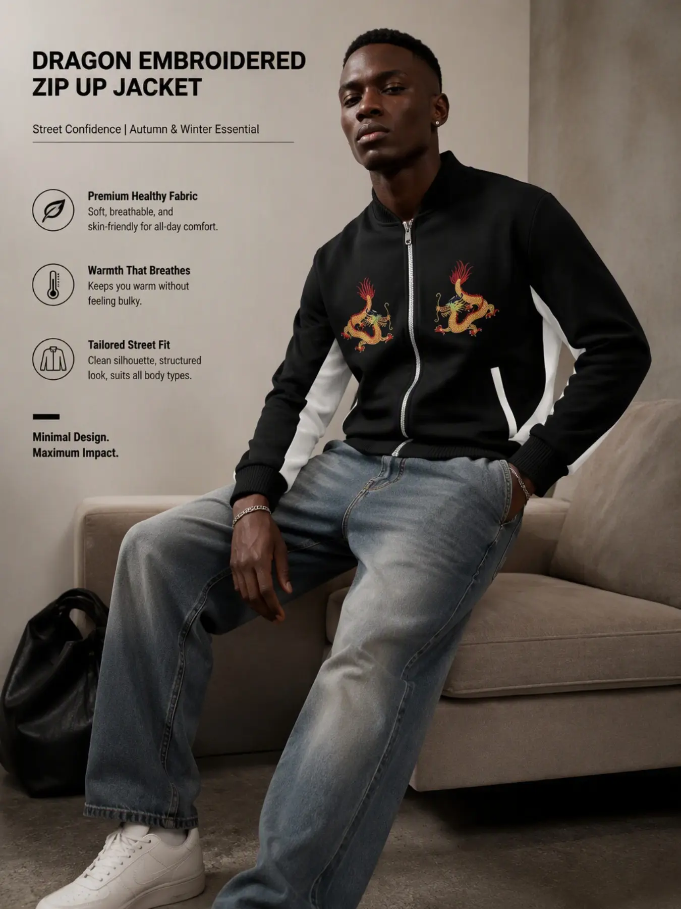 Men's Dragon Embroidery Full Zip Baseball Jacket, Oriental Pattern Windproof Jacket, Casual Streetwear Fall Winter Outer Coat