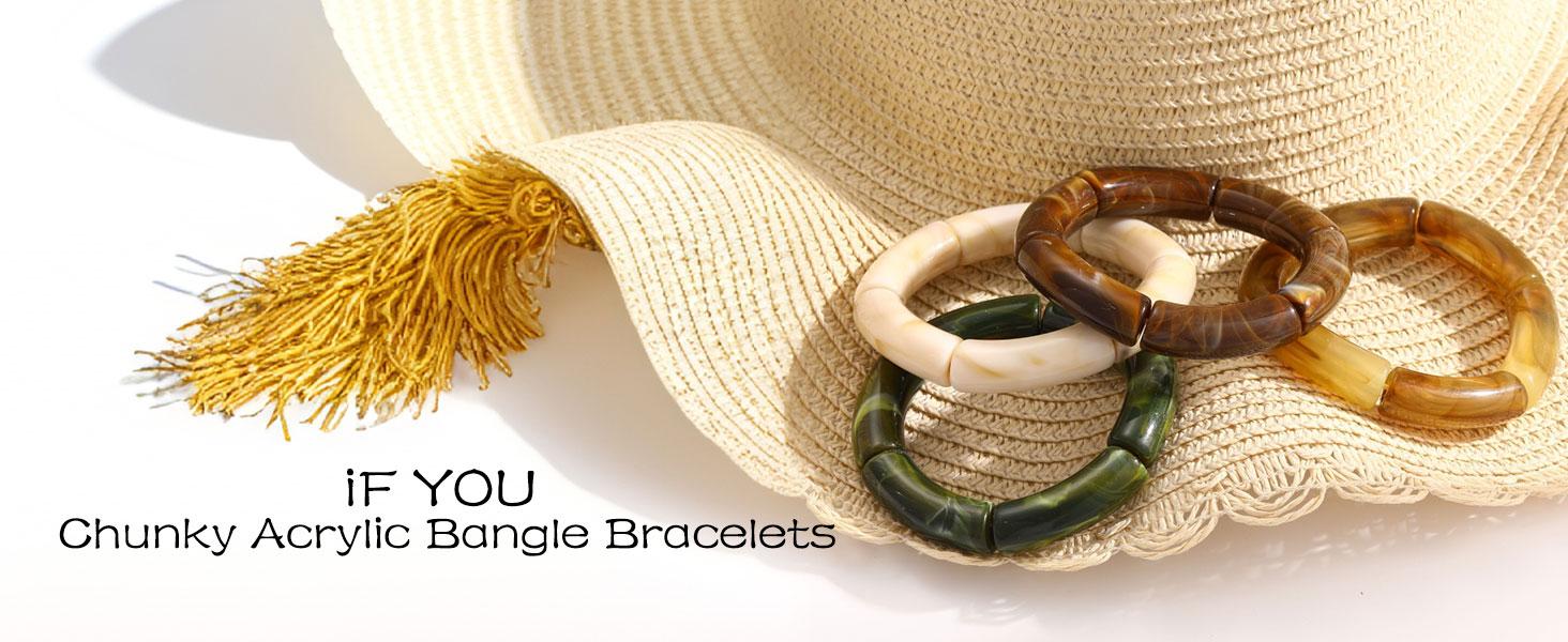 Women's 6pcs Chunky Acrylic Bangle Bracelets - Mixed Texture Cuff, Resin Bamboo Brown, Stretchy Multilayered, Fall Matching Stacked Fashion Jewelry Set