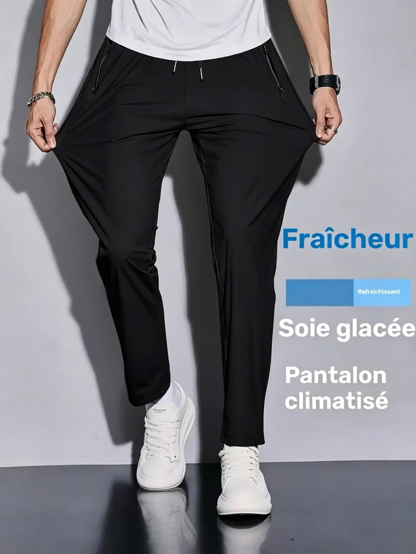 Stretchable Quick-Dry Ice Fiber Men's Pants, Zip Pocket, Adjustable Size, Straight Leg, Breathable, Summer, Office/casual
