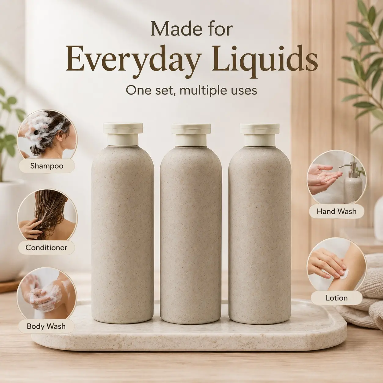 3 Pack 500ML Refillable Toiletry Bottles, Flip Top Caps, Wheat Straw Bottles for Bathroom Kitchen and Home Use