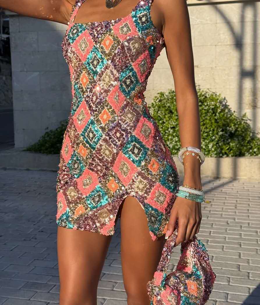 European and American Spring/Summer Fashion New Cross-Border Colorful Diamond Pattern Sequin Slit Bodycon Sexy Dress Wholesale