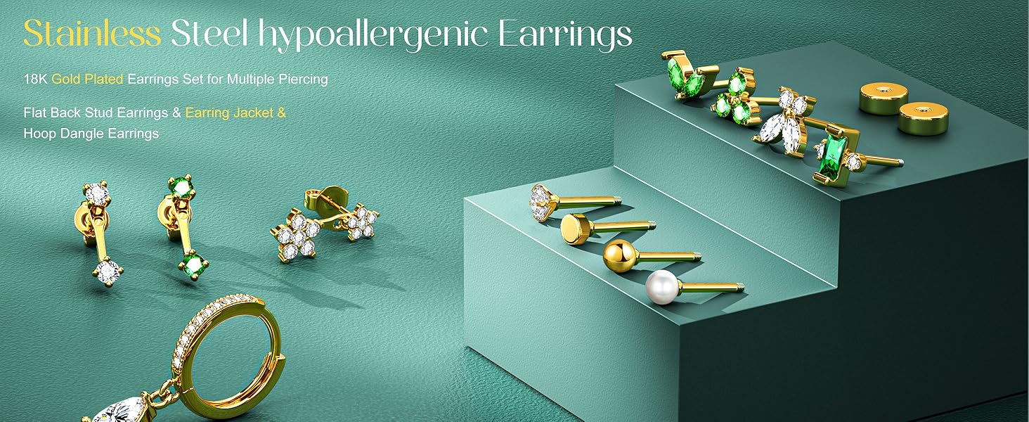 18pcs 18K Gold Plated Single Stainless Steel Flat Back Earrings Set for Women – Mix & Match Ear Piercing Jewelry Gifts (NOT Sold in Pairs)