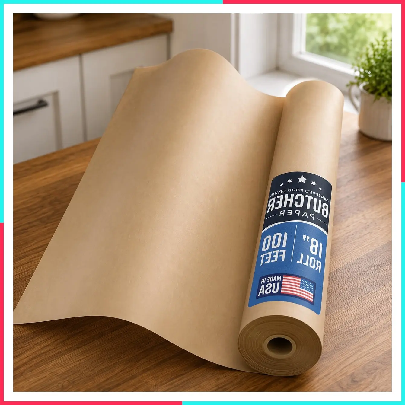 Brown Kraft Butcher Paper Roll - 18 Inch x 100 Feet - USA Made - Food-Grade Paper for Wrapping and Smoking Meat, BBQ, Grilling, Perfect Brisket Crust - Durable, Unbleached, Uncoated & Unwaxed