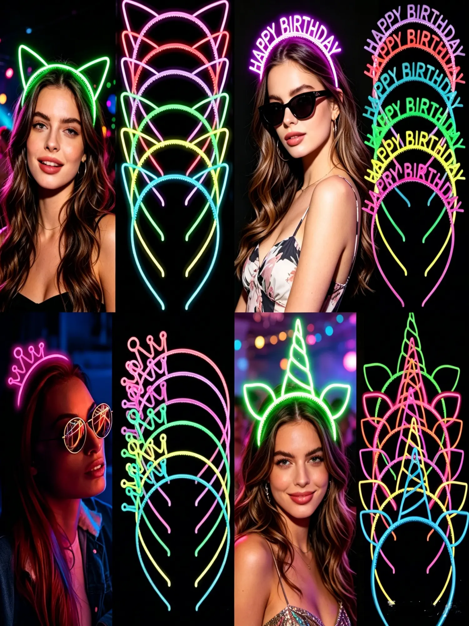 24 Glow-In-The-Dark Hairbands Set, Fashionable Party Headbands, Perfect for Festivals, Concerts, Holidays, Party Photo Prop, Neon Theme Party Accessories, need to be illuminated with mobile phone light or flashlight light