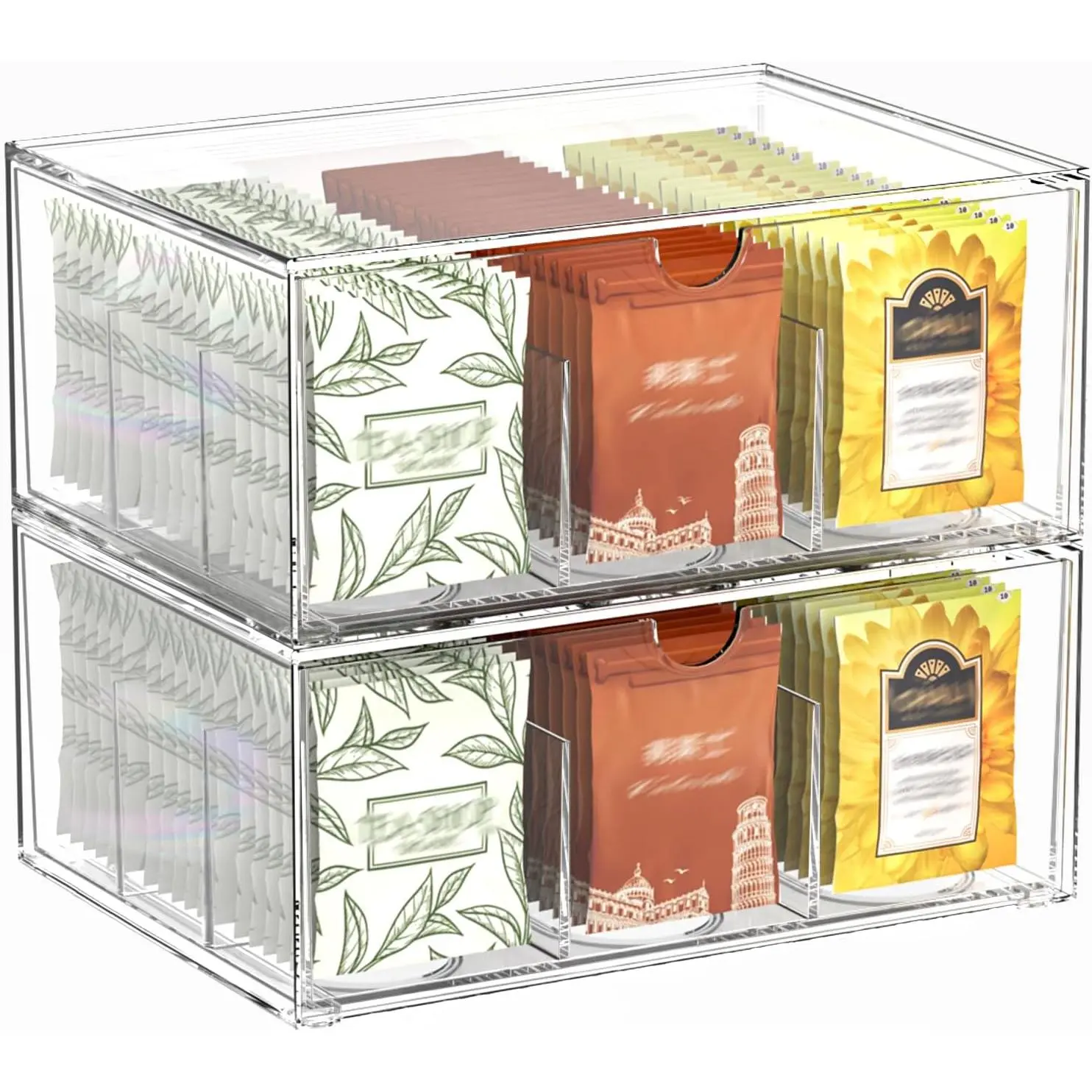 2 Pack Clear  Bag Organizer, Stackable Drawer Organizer with Dividers for Pantry Bathroom  Kitchen - Cabinet Countertop Shelf Plastic Storage Bins for Coffee/Makeup//Crafts/