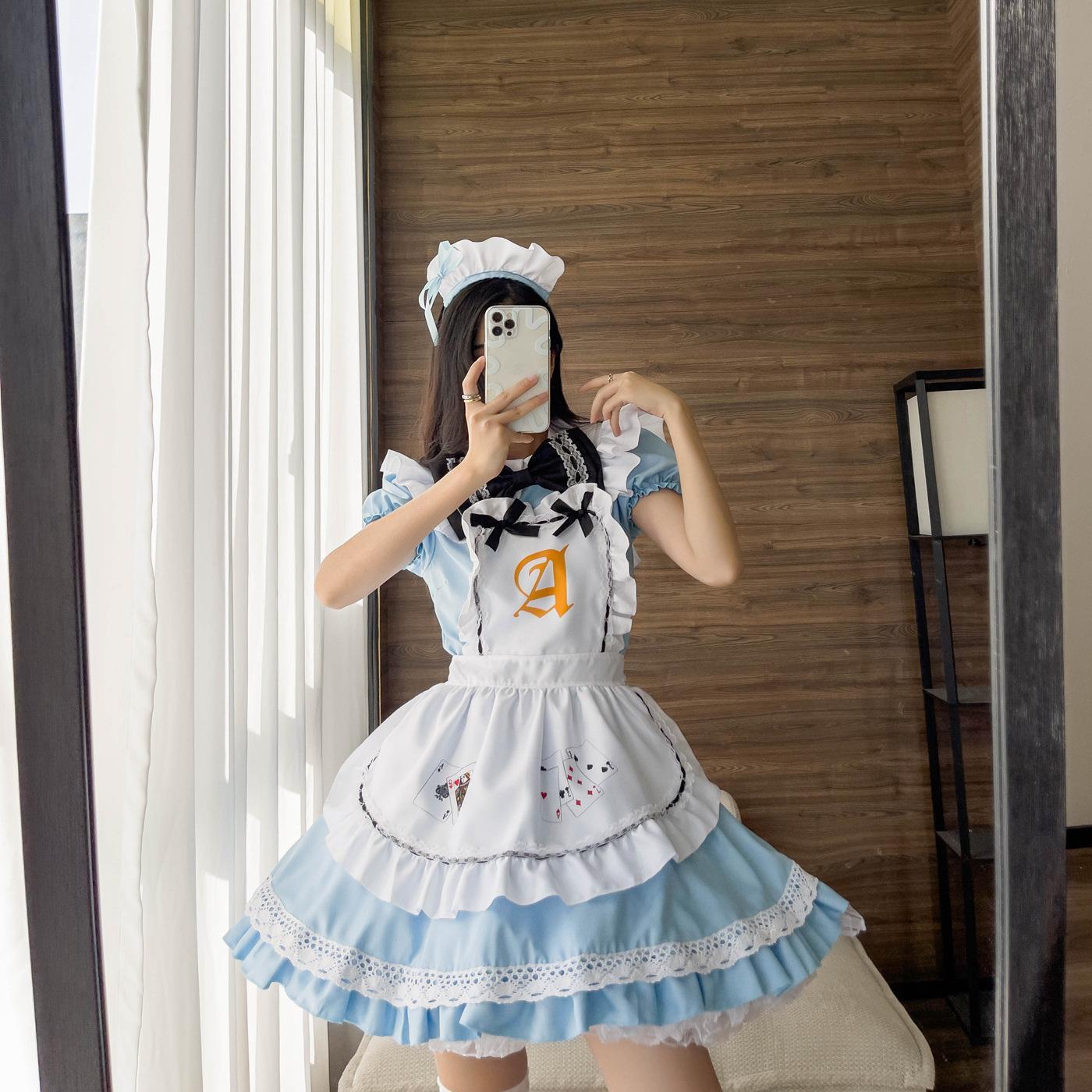 Lolita Maid Dress Costumes Blue Alice Playing Cards Cosplay For Girls Woman Waitress Alice Poker Maid Party Stage Costume