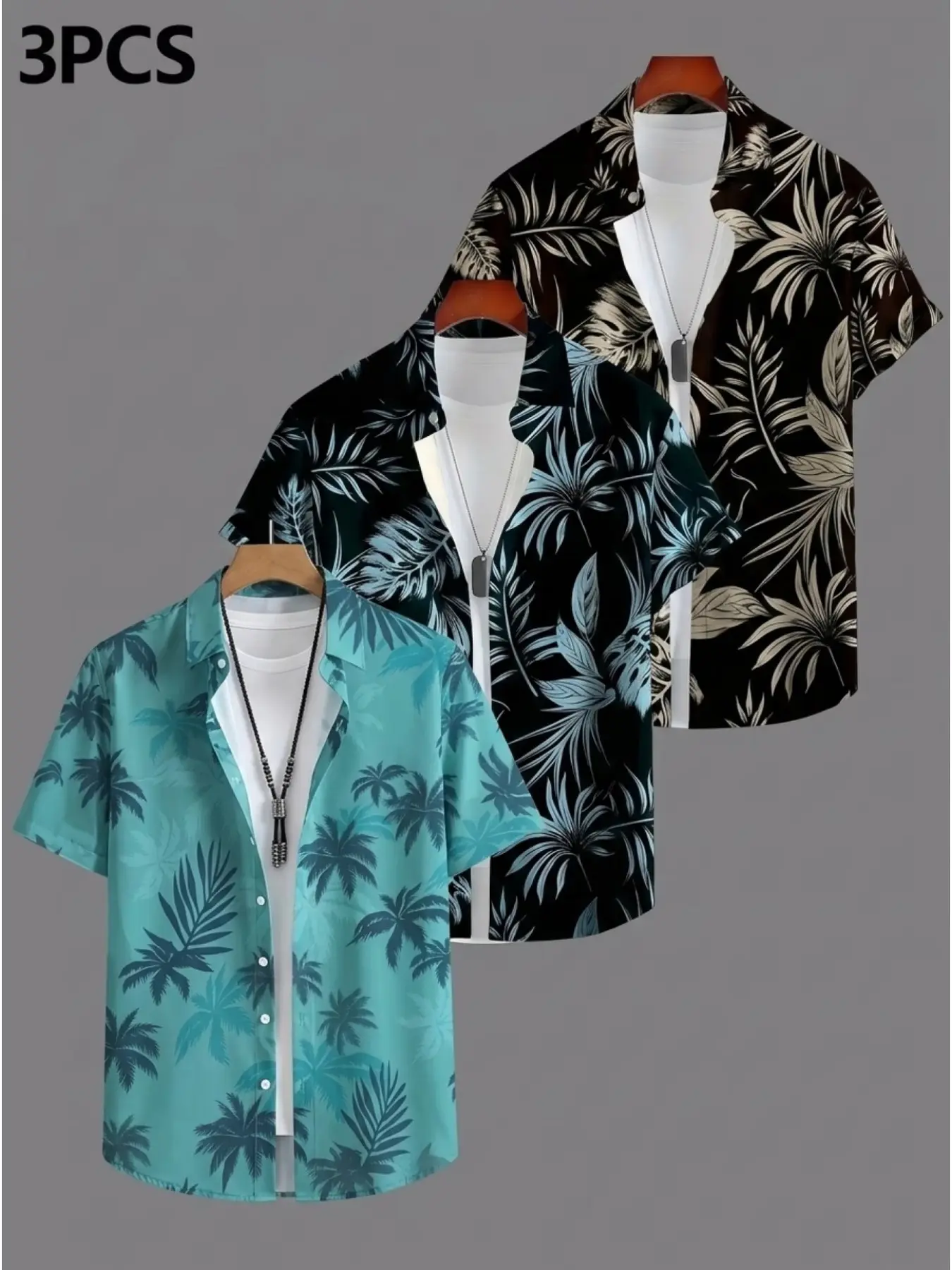 3-Pack Men's Palm Tree Tropical Leaf Print Hawaiian Shirts, Quick-Dry Beachwear, Casual Long-Sleeve Slim Fit Fabric Shirt Set