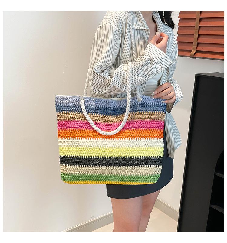 2026 New Women Fashion Shoulder Bag Rainbow Striped Color Block Straw Bag Large Capacity Beach Bag for Vacation