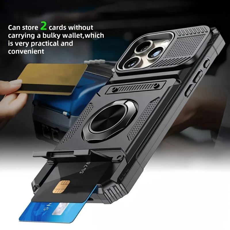 Ring For IPhone 17 Air 13 14 15 16 17 Pro Max 14 15 16 Plus Shockproof Heavy Duty Hard Phone Case with Card Slot Stand