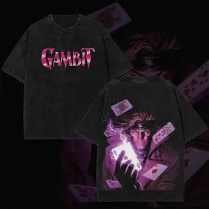 Retro Gambit Pink Swirl Text Front Print & Purple Magic Playing Card Hero Bust Portrait Dual-Sided Vintage Washed Black T-Shirt, Unisex Oversized Heavyweight Cotton Streetwear Top, Ideal Gift for Gambit Fans