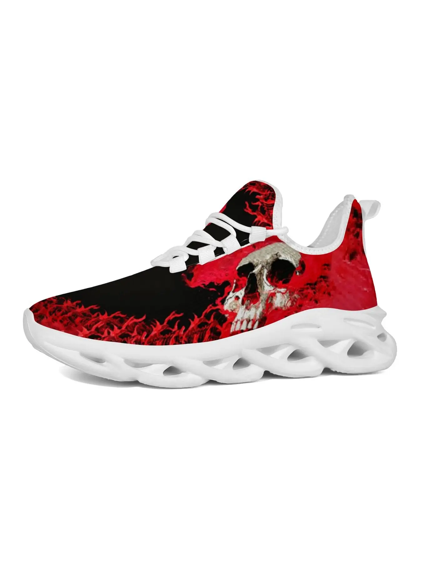 Fire Skull Print Sneakers for Men Women, Red Black Horror Flame Skeleton Pattern Lightweight Breathable Running Shoes, White Blade Sole Casual Athletic Walking Shoes Gothic
