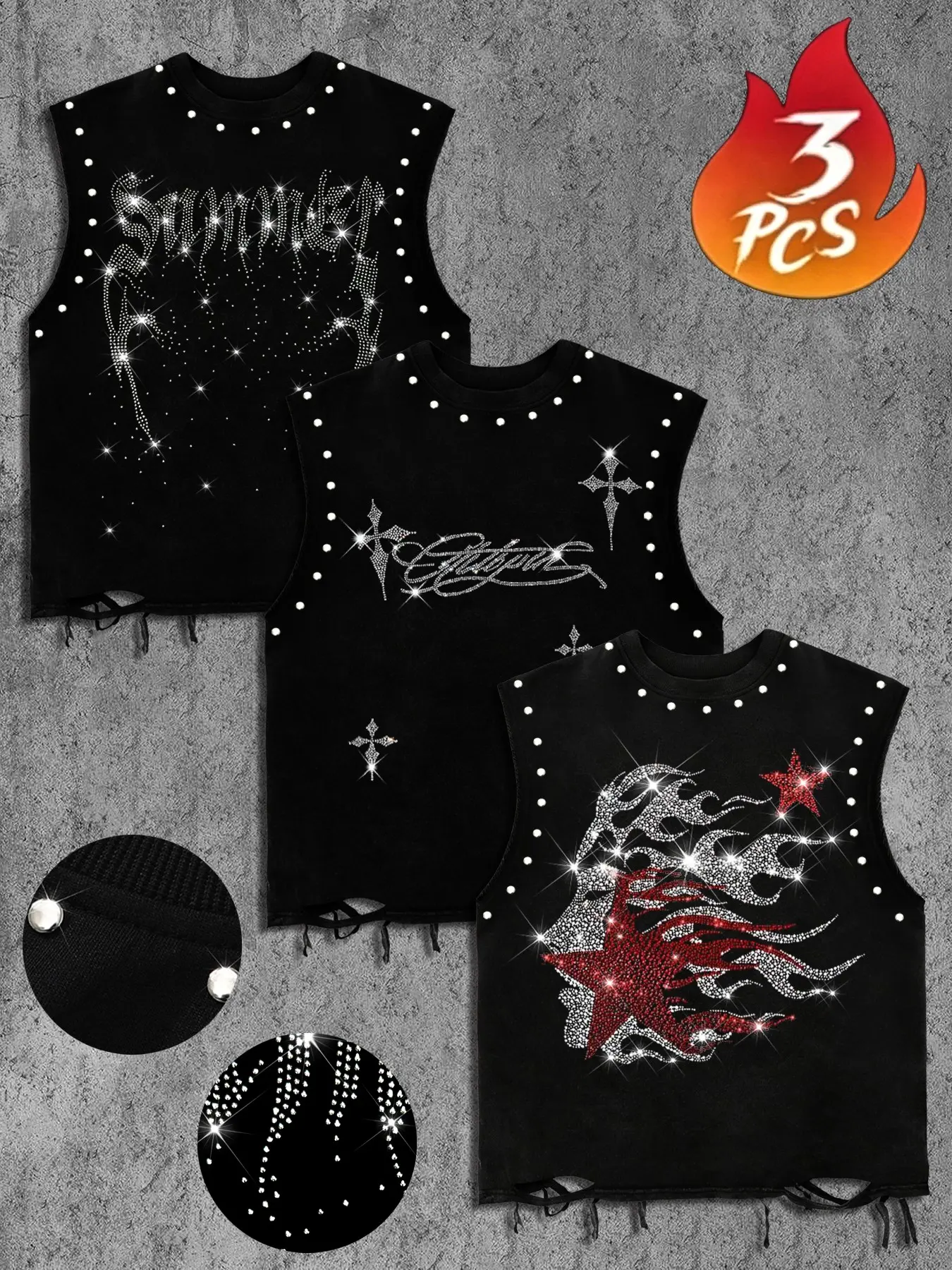 Men's Casual Oversized Three-Piece Set Punk Rock Print Vest, Rhinestone Rivet Decor, Ripped Frayed Sleeveless Backless Top