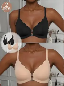 2pcs Magnetic Front Closure Scallop Edge Push Up Bra, Wireless Smooth Padded Support Lingerie, Medium Support, Slim-Fitting, All Seasons