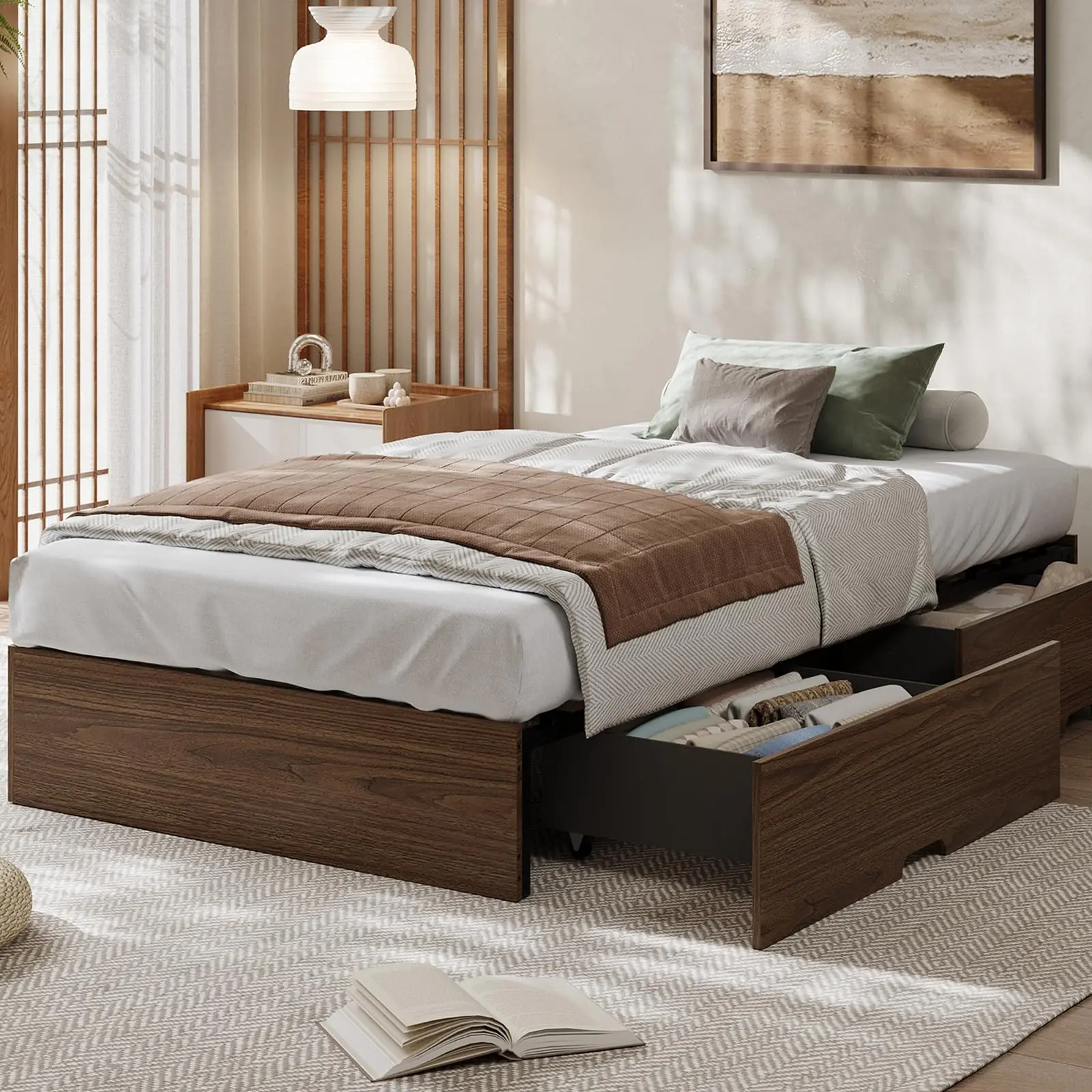 Wooden Platform Bed Frame with Underbed Storage Drawers Low Profile Noise Free Mattress Foundation for Bedroom Apartment Twin King Size