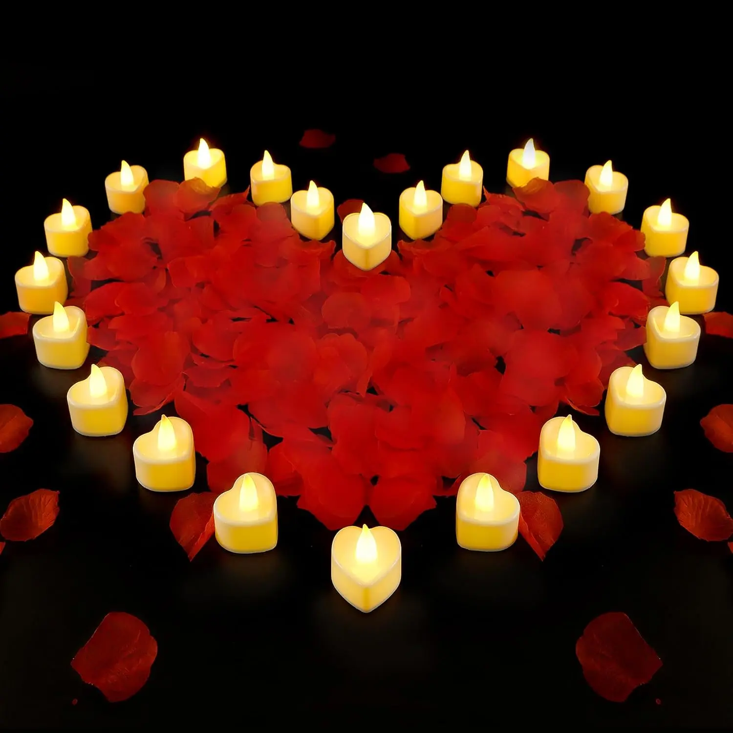 1000 Pcs Red Artificial Rose Petals with 24 Pcs Heart Shape Flameless Led Candles,Rose Petals and Candles Set,Romantic Decorations Special Night,Valentines Day Wedding Anniversary Decorations(White)