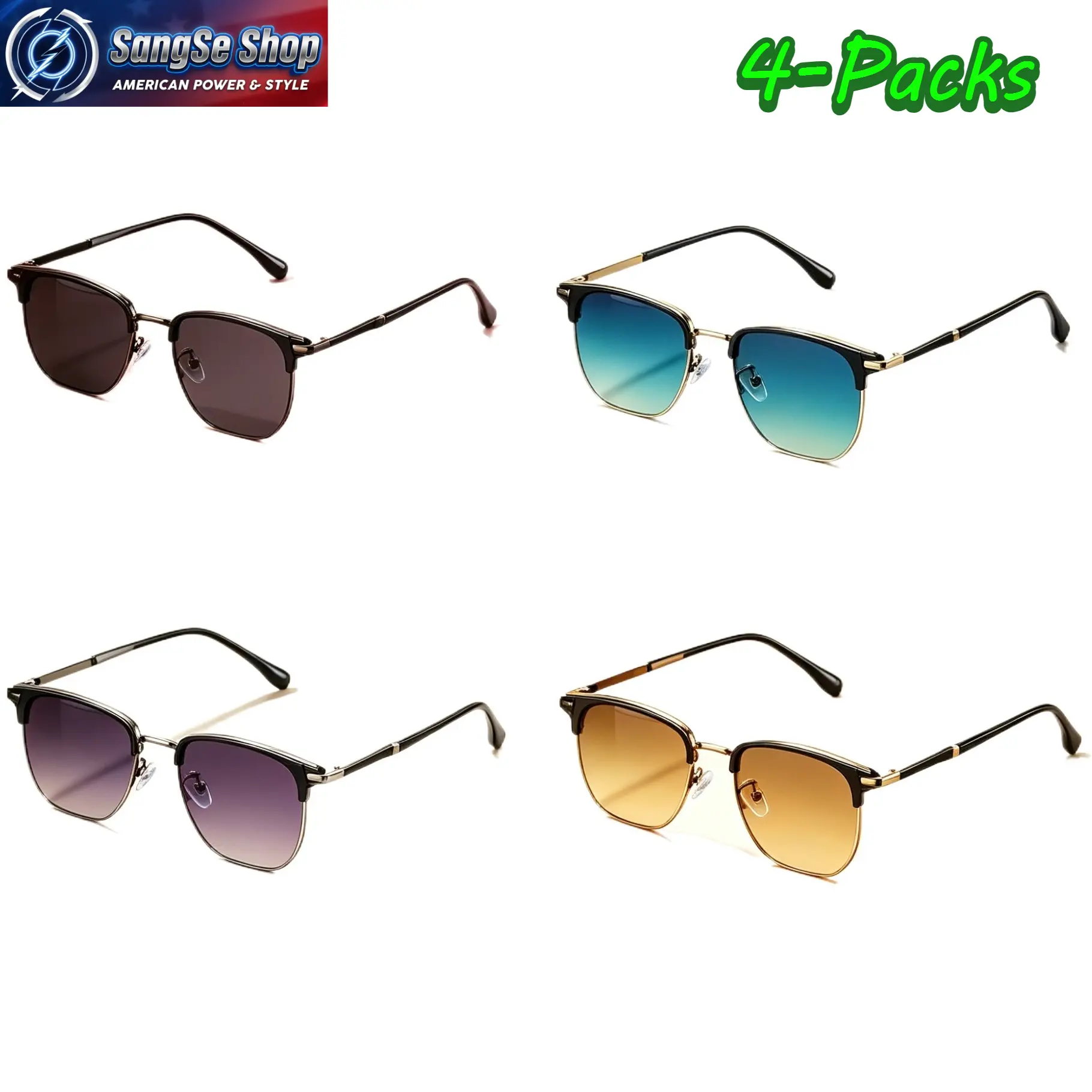 Unisex 4-Pair Vintage Semi-Rimless Square Sunglasses Set, 90s Retro Gold Metal Frame, UV400 Gradient Lenses, Men's Sunglasses for Driving, Outdoor Activities, Daily Streetwear Style