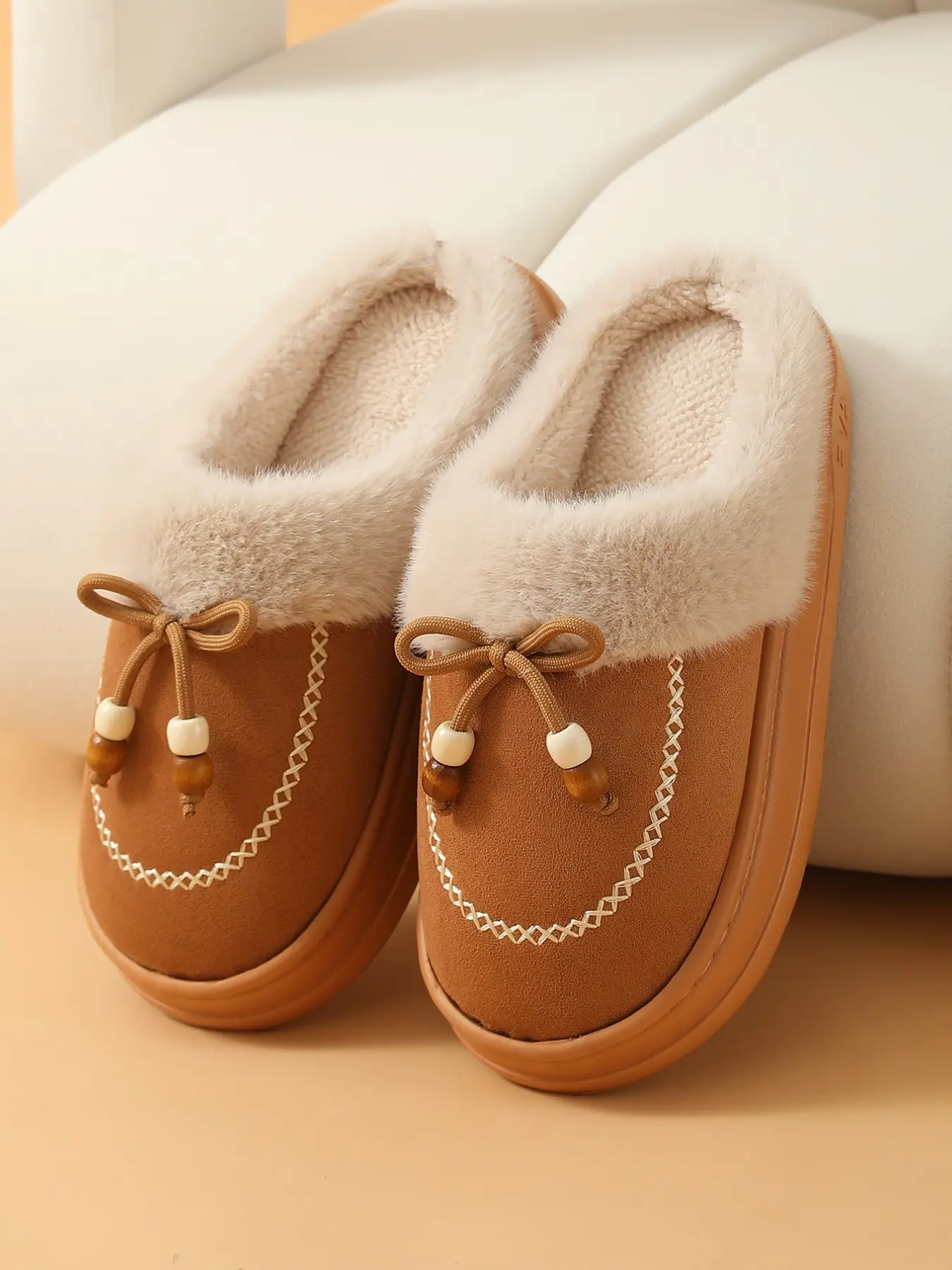 Vintage Wooden Bead Bow Slippers for Women, Fall Winter Thick Sole Cotton Slippers, Warm Anti-Slip Home Outdoor Shoes