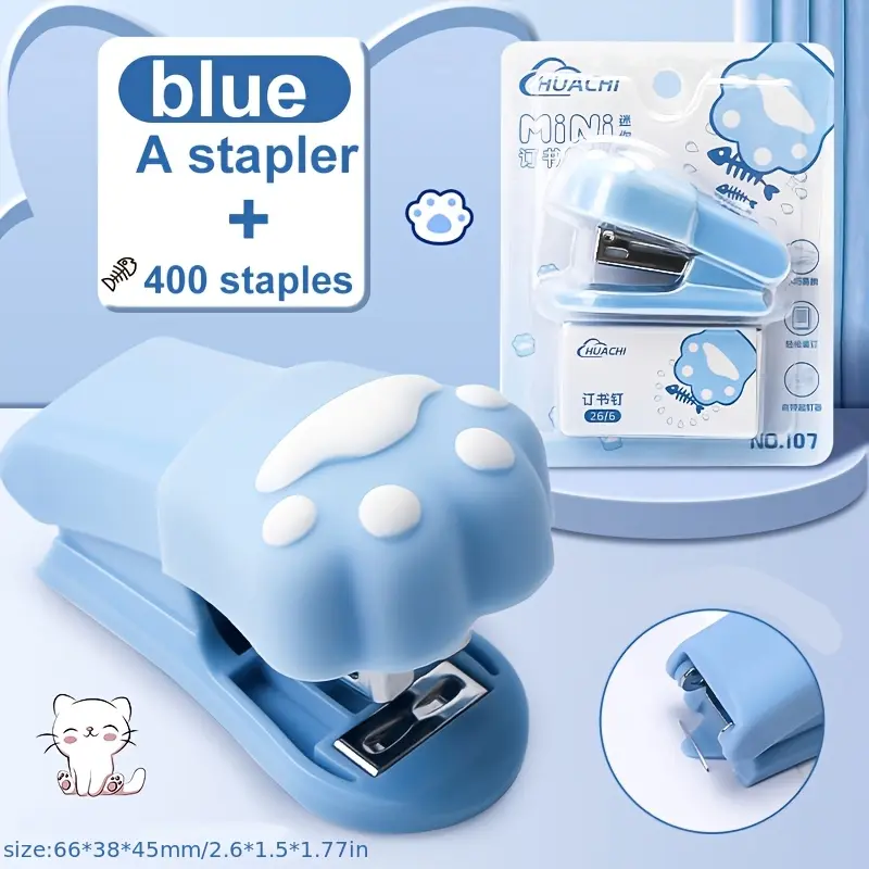 Portable Cat Paw Shaped Mini Stapler Cute Kawaii Desk Ornament Handheld Paper Stapling Tool for Student Homework Office Document Binding