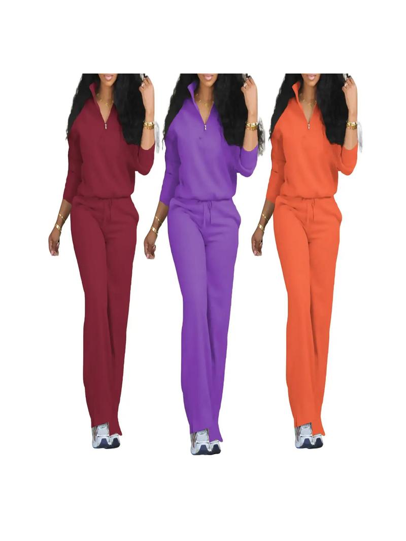 Women's Solid Half Placket Split Hem Pants Set, Casual Long Sleeve Top & Pocket Wide Leg Trousers for Summer, Ladies Clothes for Daily Wear, Womenswear