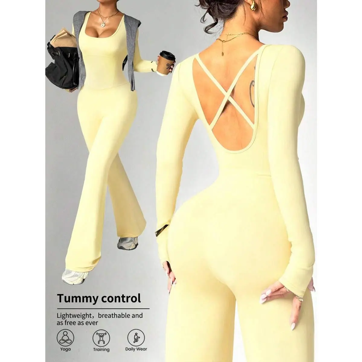 Women's Pale Yellow,,,Gym Jumpsuit,Tight-Fitting U-Neck Long Sleeve,Back Strap,Fitted Front Panel,Flared Leg Hem,Casual,Running,Yoga,Padded,Tummy,Control