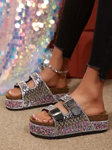 Women's PU Material Sandals, Casual Style Less Than Ankle Height, Rubber Sole, Colorful Rhinestone Decoration, Beach Footwear