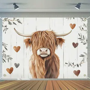 Highland Cow 2D Flat Banner Party Backdrop | Multi-Occasion Decoration Banner (Birthday/Anniversary/Graduation/Christmas/Halloween/Easter/Thanksgiving) | Single-Sided Polyester | Hanging Rope | Indoor & Outdoor Photo Backdrop