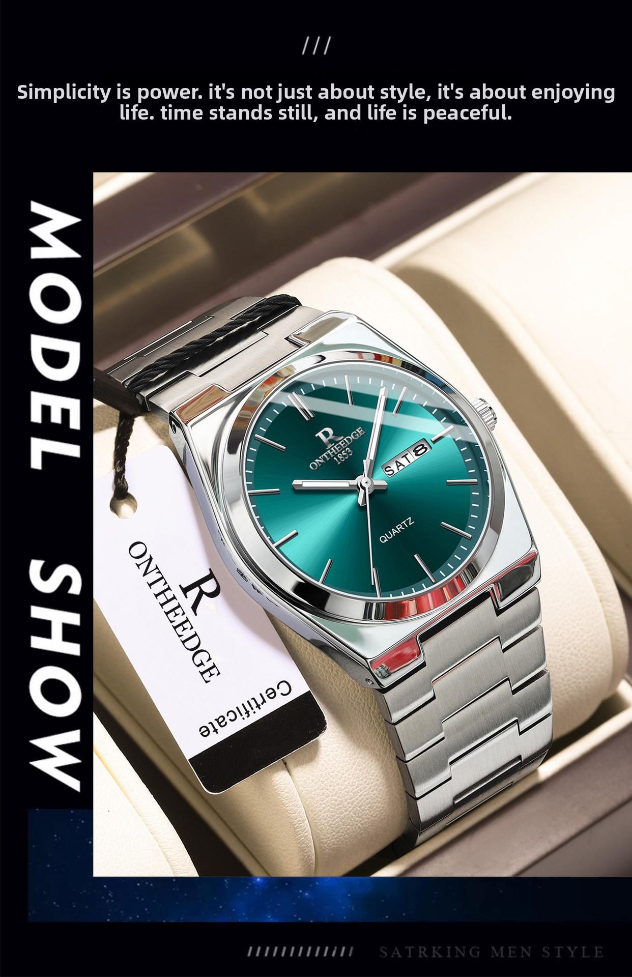 Men's Luxury Teal Green Dial Quartz Watch - Stainless Steel Wristwatch with Date Day Display, Waterproof, Luminous Hands, Classic Business Casual Dress Watch for Men, Perfect Gift for Husband Dad