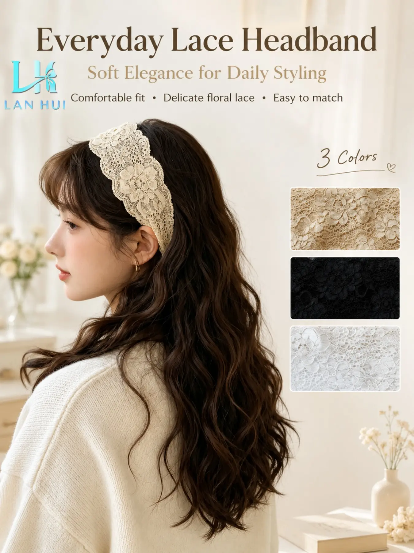3 Pcs Floral Lace Wide Headbands, French Chic Breathable Elastic Hair Bands, Perfect Gift for Back-To-School, Daily Hair Accessories for Women