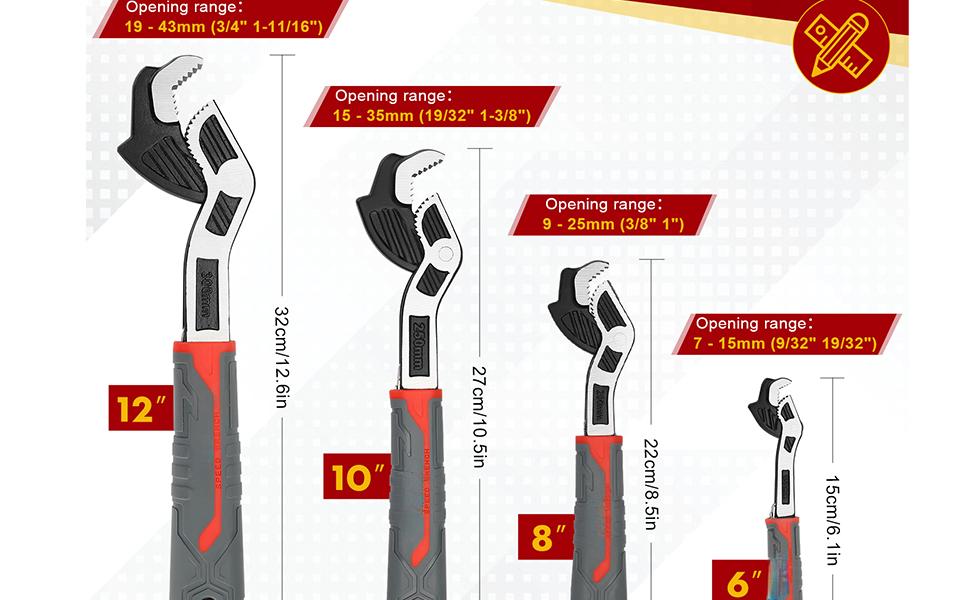 Multifunctional Self locking Wrench, Self Adjusting Pipe Wrench, 8 Inch Plumbers Wrench for (9-25mm) 3/8"-1"Nuts, Irregular Nuts, Pipes Use, Chrome Vanadium Alloy Steel (8 In)