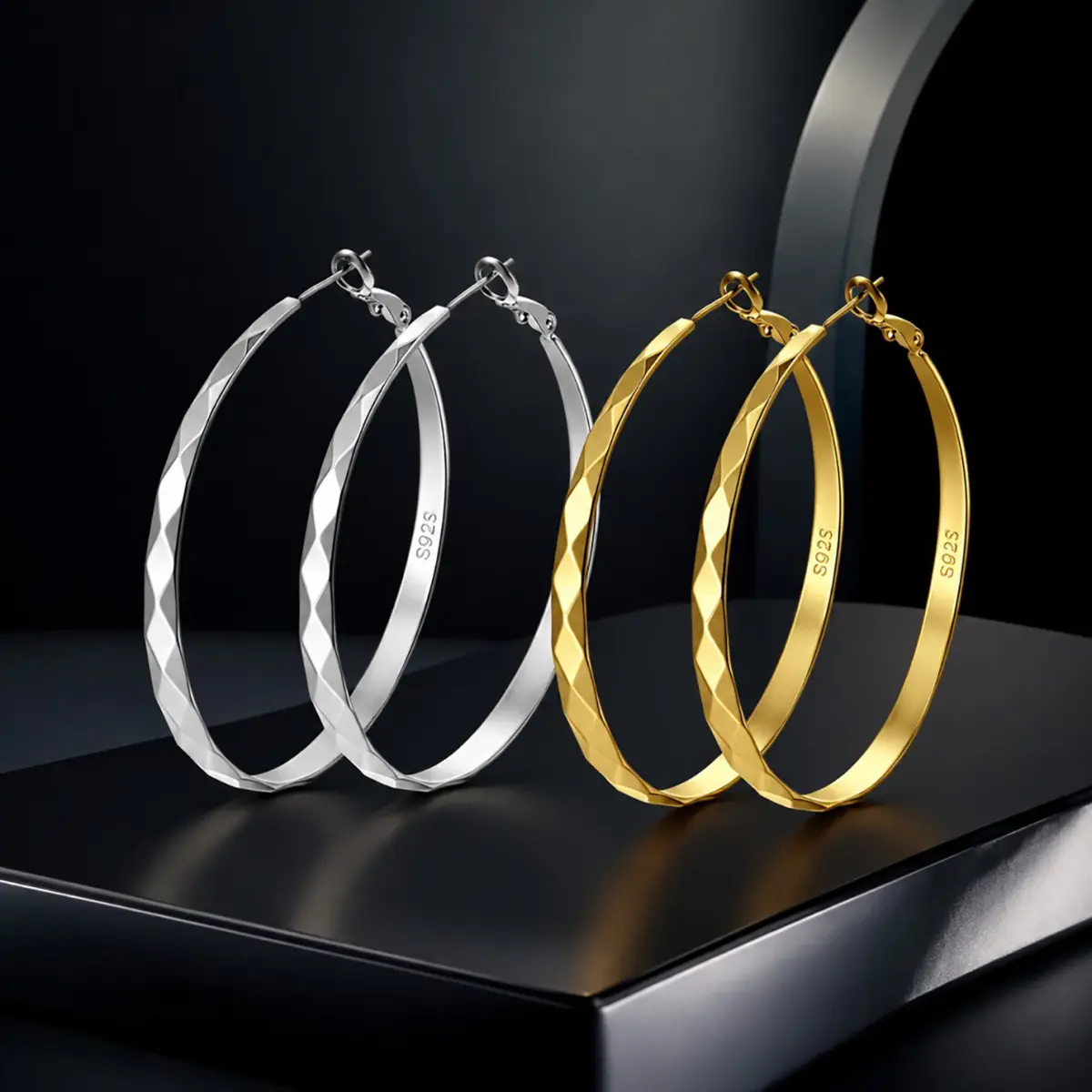 5mm Wide Diamond Cut Hoop Earrings for Women, Lobster Clasp Large Circle Big Hoops, Copper Base S925 Silver Plated Fashion Earrings, Gold Tone & Silver Tone, 40mm 50mm 60mm 70mm Multi Sizes Minimal Jewelry Gift for Daily Wear Party Wedding