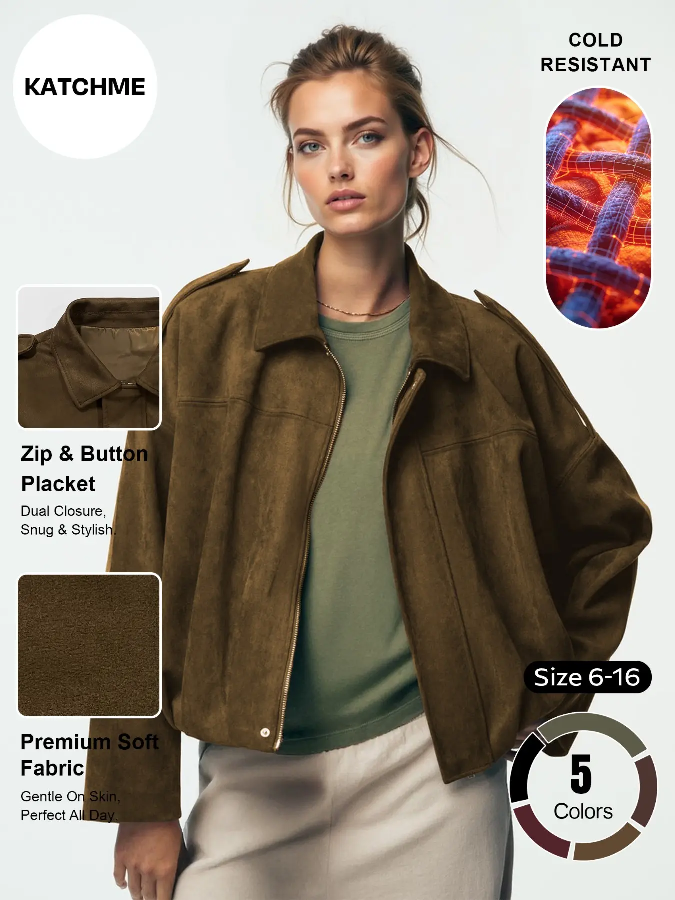 Women's Faux Suede Cropped Casual Jacket, Lapel Collar Loose Drop Shoulder Zip Up Casual Outerwear