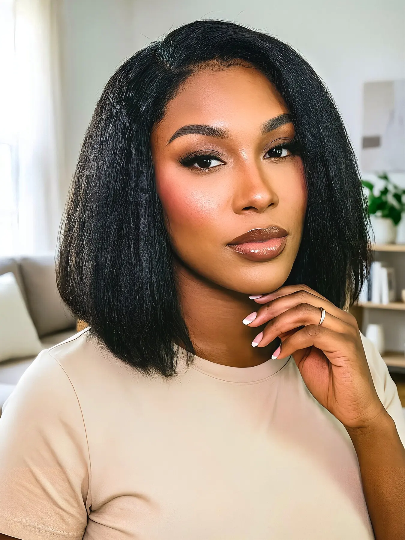 Kinky Straight Wig Bob Human Hair 13x4 Lace Front Wigs, Yaki Straight Pre Plucked Wig for Women, Natural Look, Lace Front Bobs
