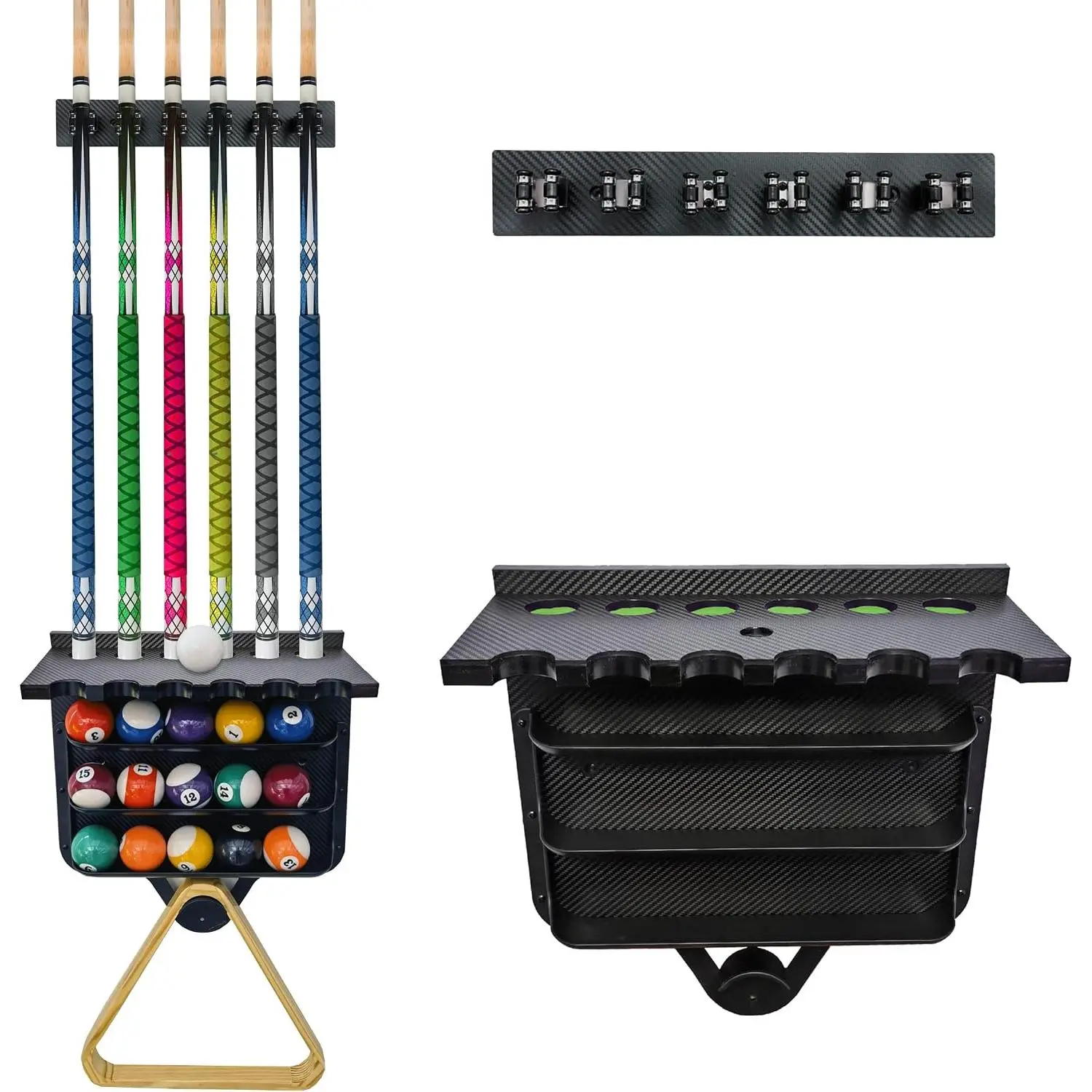 Wall Mount Pool Rack - 6-Cue Storage with Ball Holder & Rest, Premium Space-Saving Durable Engineering Polypropylene Board with Carbon Fiber Veneer, Game Room Pool Table Accessory, Cues