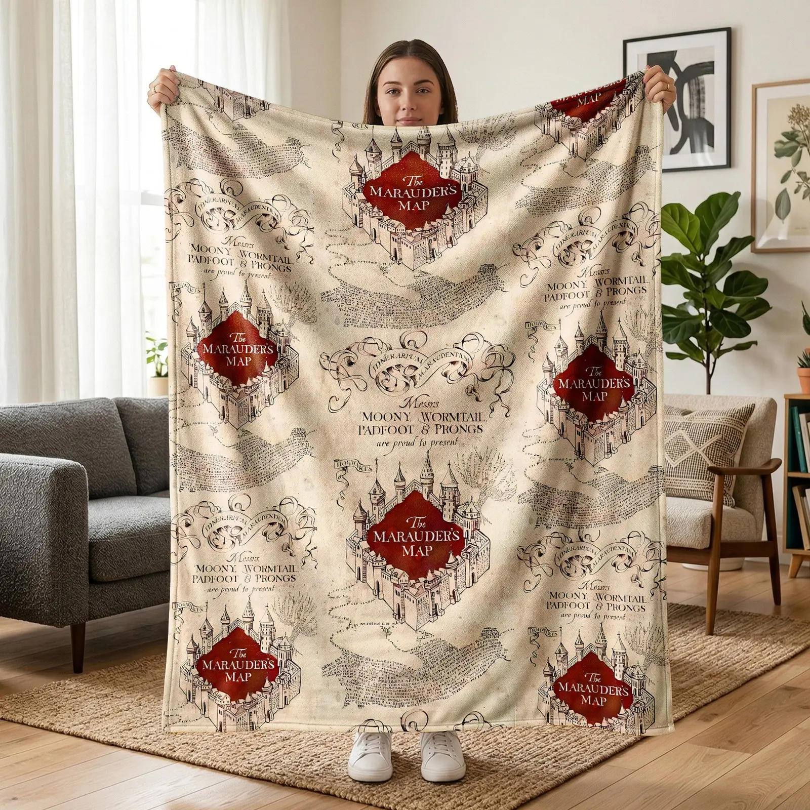 1pc Magical Marauder Map Flannel Blanket, Vintage Castle Fantasy Map Fleece Throw Blanket, Soft Cozy Blanket for Sofa Bed Couch Office Reading Movie Night Camping Travel, Birthday Halloween Christmas Gift