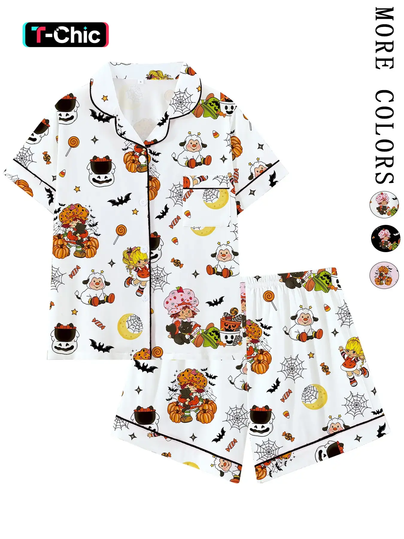 【Halloween】Retro Strawberry Girl Halloween Collared Pajama Set | Cute 80s Nostalgic Cartoon & Pumpkin Print Sleepwear | Soft Short Sleeve Button Down Lounge Outfit | Fun Summeroween 2-Piece PJs with Black Piping Pj Sets
