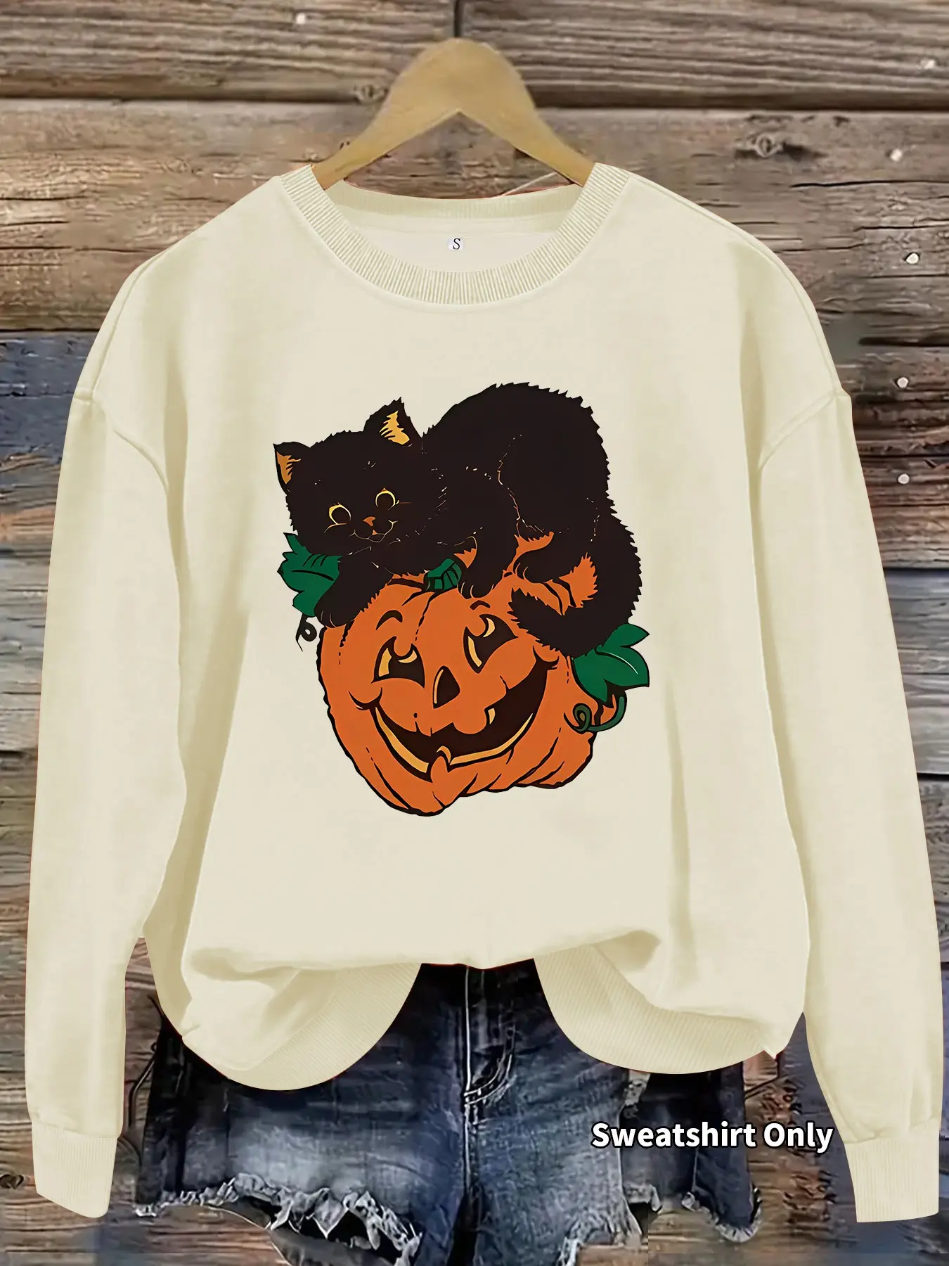 Women's Halloween Pumpkin Cat Pattern Sweatshirt, Soft Long Sleeve Round Neck, Comfortable Daily Wear, Durable Fabric