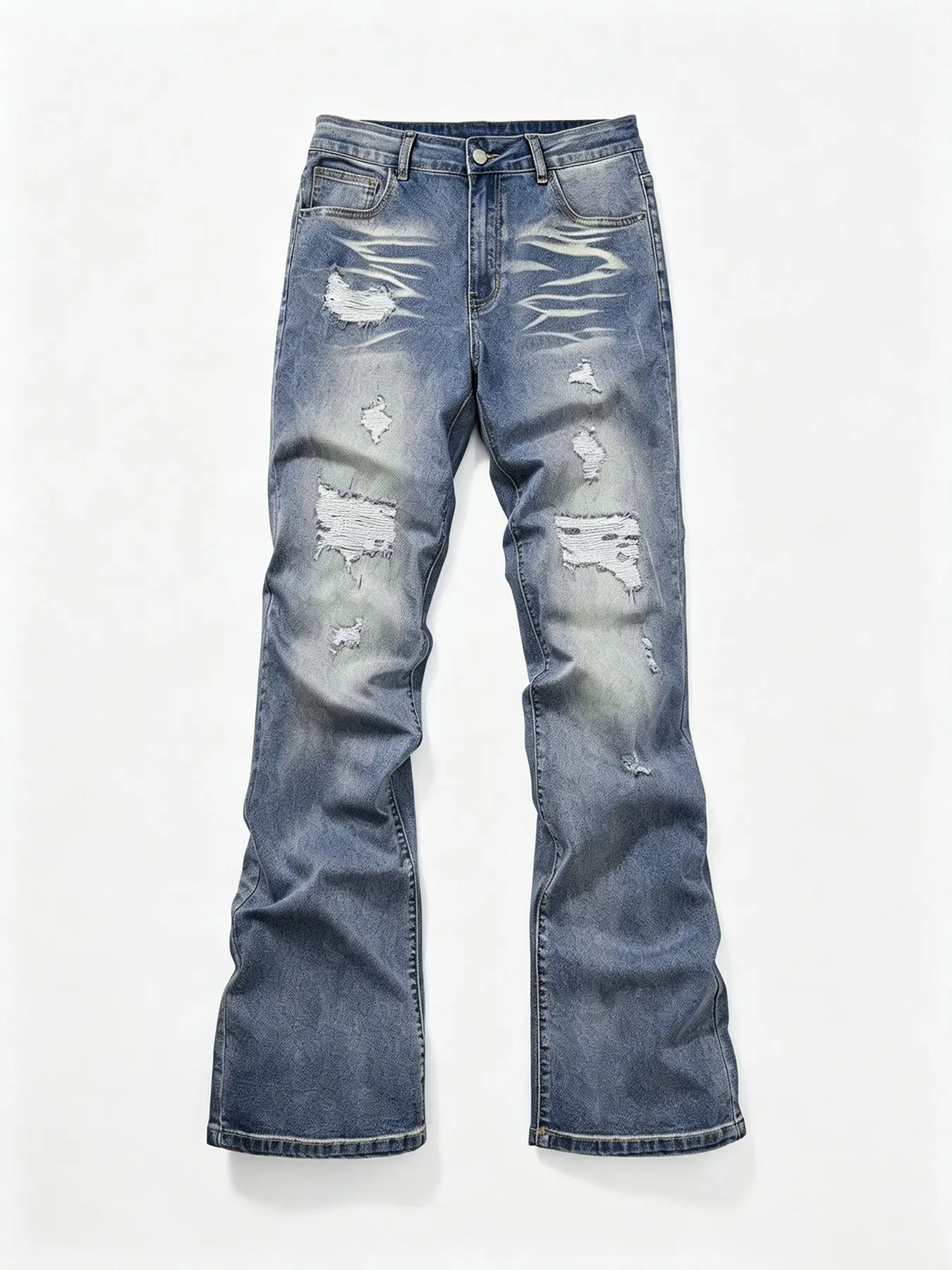 Men's Light Wash Ripped Micro Flare Jeans, Vintage Y2K Boot Cut Streetwear Long Pants, Trendy Denim Fashion for Men